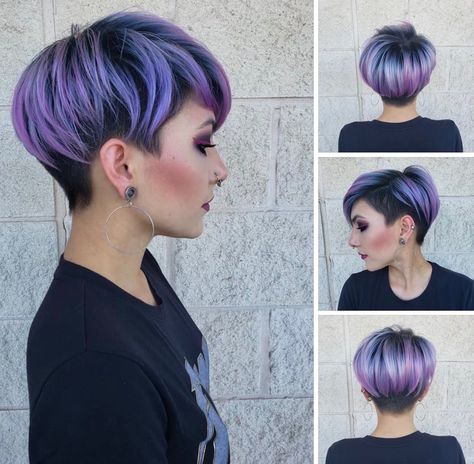 Vivid Hair Color Undercut, Plum Pixie Hair, Vibrant Pixie Hair Color, Vivid Pixie Hair, Colored Pixie Hair, Short Hair With Pink Highlights, Short Purple Hair Pixie, Colorful Pixie Cut, Short Coloured Hair