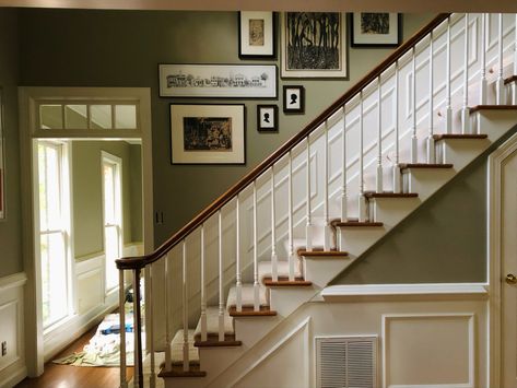 Nantucket Gray Benjamin Moore, Benjamin Moore Nantucket Gray, Nantucket Gray, Staircase Molding, White Gallery Wall, Wainscoting Staircase, Wall Molding Design, Stairwell Wall, Writing Studio