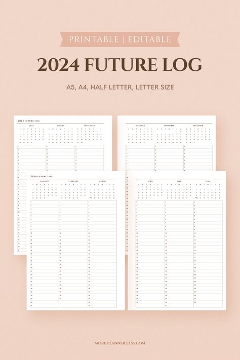 Bullet Journal Inserts, Future Log, Year At A Glance, January To December, Refillable Planner, Planner Inserts Printable, Yearly Calendar, Yearly Planner, Journal Printables