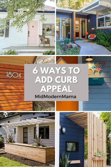 Find inspiration in these beautful mid modern style homes to add curb appeal to yours. From colorful front doors to planters and seating areas, this post is loaded with ideas to spruce up that front view! curb appeal. curb appeal on a budget. curb appeal landscape. curb appeal ideas. curb appeal on a budget front yard. mid-century modern. mid-century modern exterior. landscape ideas front yard. front porch ideas. How To Spruce Up Outside Of House, Mid Century House Exterior Paint, Eclectic Curb Appeal, Mid Century Modern Garage Doors Exterior Design, Mcm Yard Ideas, Update Mid Century Home Exterior, Updated Midcentury Modern Exterior, Ranch To Mid Century Modern, Mid Century Modern Curb Appeal Landscaping