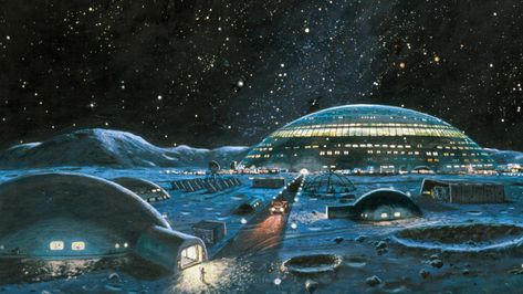 BBC - Future - Should we build a village on the Moon? Space Cities, Moon Hotel, Fasad Design, Space Hotel, 70s Sci Fi Art, Mike Mignola, Eve Online, Sci Fi Environment, Building Illustration