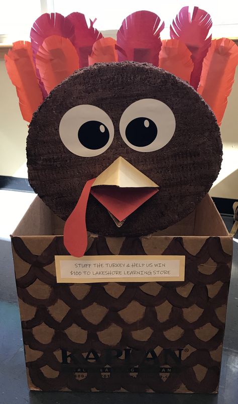 "Stuff the Turkey" cardboard food drive donation box Turkey Food Drive Box Ideas, Turkey Box Food Drive, Thanksgiving Donation Box Ideas, Food Drive Box Ideas, Kids Parade Floats, Prek Thanksgiving, Canned Food Drive, Cardboard Food, Diy Turkey