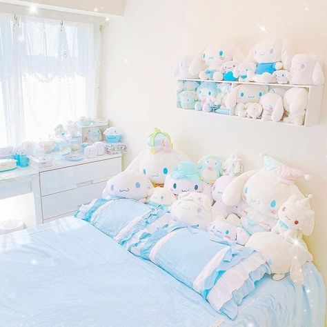 Kawaii Bedroom Blue, Cinnamoroll Themed Room, Cinnamonroll Sanrio Bedroom, Cinamoroll Bedroom, Cinnamonroll Sanrio Room Decor, Cinnamoroll Bedroom Ideas, Cinnamoroll Room Decor, Kawaii Blue Room, Blue Kawaii Room