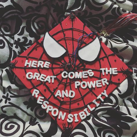 Spider-Man Graduation Cap ❤️ (quote credit to Ashley) Spider Man Graduation, Quotes For Graduation Caps, Creative Graduation Caps, College Grad Cap Ideas, Graduation Cap Decoration Diy, Spiderman Gifts, High School Graduation Cap, College Graduation Cap Decoration, Grad Hat