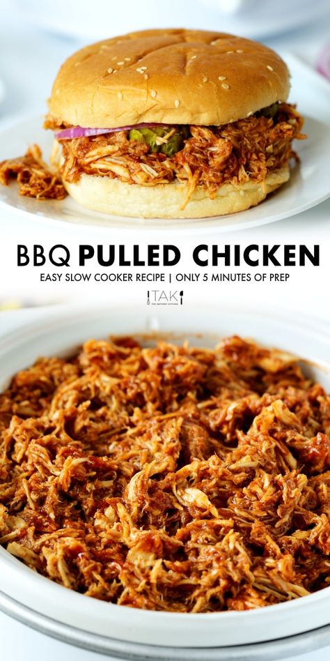 Slow Cooker Pulled Chicken takes less than 10 minutes of prep and is downright addictive thanks to shreds of perfectly cooked, juicy chicken coated in savory-sweet BBQ sauce! This easy shredded chicken recipe features a store-bought BBQ sauce spruced up with a few simple ingredients and spices for a magical flavor combination that can't be beat. All you have to do is throw it in a crockpot and shred it when it's done cooking! The crockpot does all the work for you. Flavorful Shredded Chicken Crockpot, Pressure Cooker Bbq Chicken Shredded, Shredded Slow Cooker Chicken, Bbq Pulled Chicken Crockpot Healthy, Easy Slow Cooker Bbq Pulled Chicken, Slow Cook Pulled Chicken, Shredded Chicken In A Crockpot, Shred Chicken In Crockpot, Juicy Shredded Chicken Crock Pot