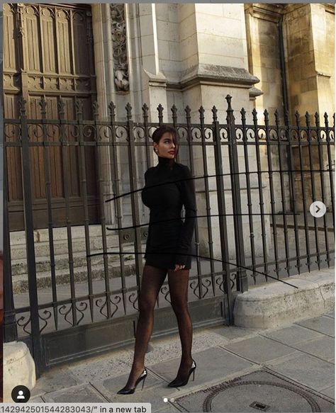 Black Dress And Tights Outfit, Black Stockings Outfit, Dress With Stockings Outfit, Black Tights Outfit, Mini Dress With Tights, Tights Outfits, Dresses And Tights, Tight Black Dress, Tights And Heels