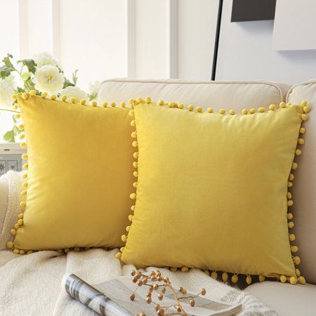 Phantoscope Pom Pom Velvet Series Decorative Throw Pillow, 18" x 18", Yellow, 2 Pack Den Decor, Dorm Inspiration, Yellow Cottage, Inflatable Chair, Ceiling Lamp Shades, Sofa Accessories, Yellow Pillows, Kitchen Window Treatments, Entertaining Kitchen