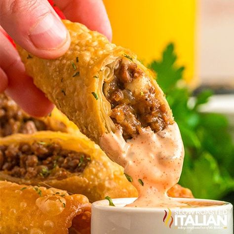 Cheeseburger Spring Rolls (Cheesecake Factory Copycat) Cheeseburger Spring Rolls, Egg Roll Sauce, Fried Zucchini Sticks, White Castle Burgers, Copycat Cheesecake Factory, Cheesecake Factory Copycat, Slow Roasted Italian, Fried Spring Rolls, Homemade Dips