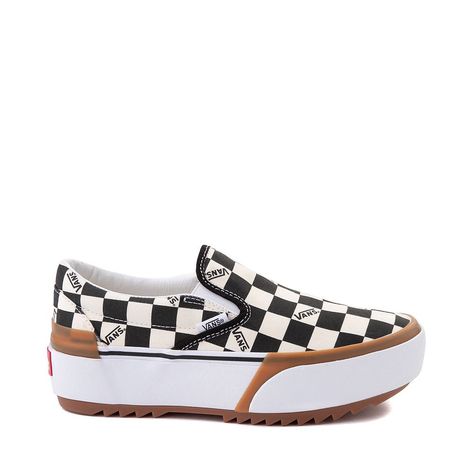 Vans Slip On Stacked Checkerboard Skate Shoe - Black / White | Journeys Checked Vans Outfit, Checked Vans, Check Vans, Vans Platform, Platform Slip Ons, Checkered Vans, Vans Outfit, Mood Clothes, Vans Slip On