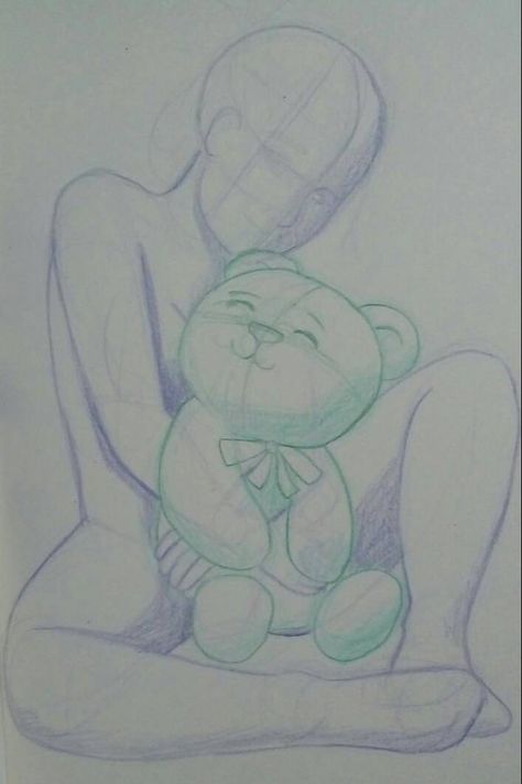 I was thinking in make my onw bases to drawing, and I did this because I really want to draw a girl and a teddy bear and I used two different pencils to separate the lines of the girl and ... Teddy Bear Drawing Reference, Sleepy Drawing Poses, Teddy Bear Poses Drawing, Hugging Teddy Bear Pose Reference, Hugging Plushie Pose Drawing, Holding Teddy Bear Reference Drawing, Hugging A Teddy Bear Pose, Teddy Drawing, Puppy Sketches