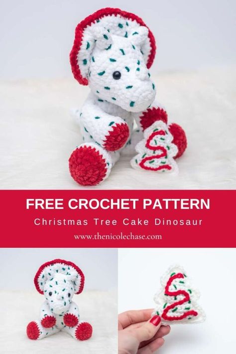 Christmas Tree Cake Crochet Pattern and Dinosaur Mod Christmas Crochet Patterns Free Grinch, Christmas Crochet Patterns Free Gift, Christmas Tree Cake Crochet, Winter Crochet Amigurumi Patterns Free, Crochet Amigurumi Free Patterns Christmas, Crochet Christmas Tree Cake, Crochet Christmas Dinosaur, Christmas Crochet Plushies Free Patterns, Crochet Little Debbie Tree Cake