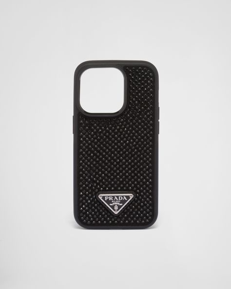 With synthetic crystals Enameled metal triangle logo Crystal Phone Case, Porcelain Candle, Prada Collection, Max Black, Tableware Collection, Black Cover, Triangle Logo, Black Phone Case, Tableware Set