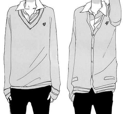 Highschool male uniform : sweater, collared shirt underneath, optional tie; pants (not tight but not super baggy) Uniform Drawing, Boy School, Lakaran Fesyen, Anime Uniform, Boy Uniform, Manga Clothes, School Uniform Outfits, Anime School, Shirt Drawing