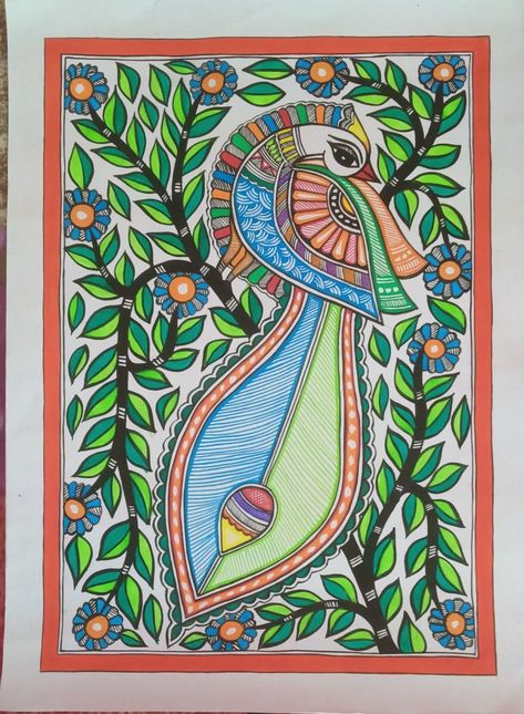 Madhubani Paintings Peacock Easy, Easy Madhubani Painting, Madhubani Peacock, Madhubani Designs, Madhubani Motifs, Madhubani Paintings Peacock, Mithila Painting, Kids Canvas Painting, Gond Art