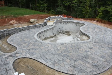 Gray Pavers Around Pool, Grey Pavers Around Pool, Techo Bloc Blu 60 Champlain Gray, Gray Pavers, Concrete And Pavers, Pool Lanai, Cabin Patio, Apartment Patio Gardens, Grey Pavers