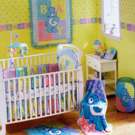 I told Dan this is what we were doing the nursery in. He didn't think it was as funny as I did. Lol Care Bear Room, Care Bears Room, Baby Boy Train Nursery, Bear Room Decor, Care Bears Birthday Party, Baby Crib Sets, Bear Baby Shower Theme, Nursery Girl, Baby Nursery Themes