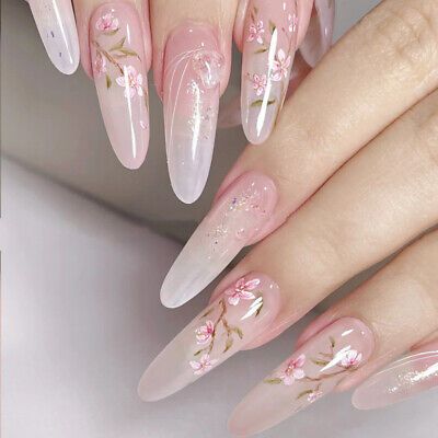 ad eBay - Handmade Ombre Flowers Pink False Nail Long ALmond Press on Nail Nail Art - Buy Now, click the link (eBay) Fairytale Wedding Nails, Pink Marble Ombre Nails, Philippines Nails, Pink Long Almond Nails, Dainty Flower Nails, Pink Fairy Nails, Real Flower Nails, Nail Long Almond, Pink Kawaii Nails