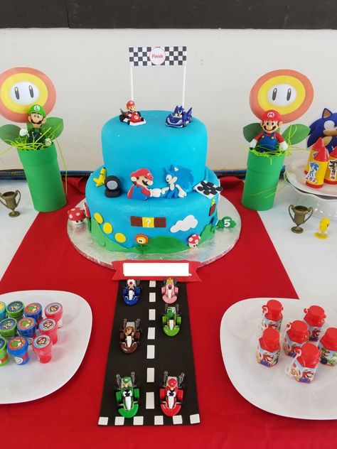 Sonic And Mario Party Ideas, Sonic And Mario Birthday Cake, Mario Vs Sonic Birthday Cake, Sonic Vs Mario Cake, Mario Sonic Birthday Party, Mario And Sonic Birthday Party, Mario And Sonic Cake, Sonic Birthday Cake, Mario Bros Birthday Party Ideas