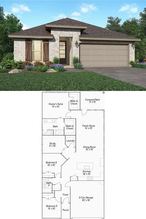 3-Bedroom Single Family Home with Covered Patio and Double Garage (1,880 Sq. Ft. Floor Plan) Mansion Floor Plan, Wrap Around Porch, Floor Layout, 3 Bedroom House, Double Garage, 4 Bedroom House, Small House Plans, Family Living, In Law Suite