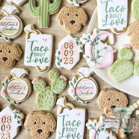 Love Decorated Cookies, Fiesta Wedding Cookies, Taco Bout Love Couples Shower Ideas, Taco Bout Love Cookies, Taco Bout Love Bridal Shower Cookies, Taco About Love Cookies, Taco Bell Wedding, Engagement Party Cookies, Fiesta Cookies