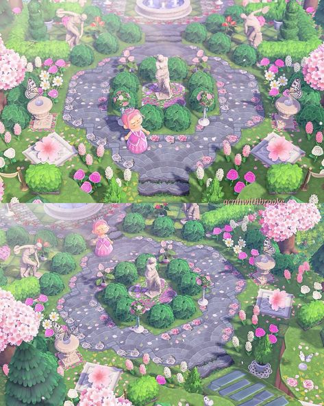 Aesthetic Animal Crossing Island Layout, Fairycore Animal Crossing Villagers, Animal Crossing Fairycore Entrance, Acnh Island Designs Fairycore, Animal Crossing Fairycore Ideas, Animal Crossing Island Inspiration Pink, Acnh Island Designs Pink, Elegantcore Animal Crossing, Animal Crossing Fairy Garden