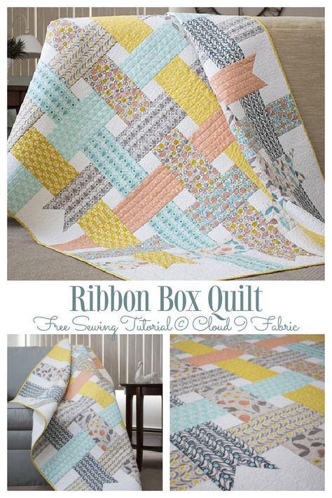 Ribbon Box Quilt Pattern Free, Ribbon Quilt Block, Ribbon Quilt Pattern Free, Fat Quarter Projects Quilt, Ribbon Box Quilt, Fat Quarter Baby Quilt, Ribbon Quilt Pattern, Ribbon Quilts, Unique Quilt Patterns