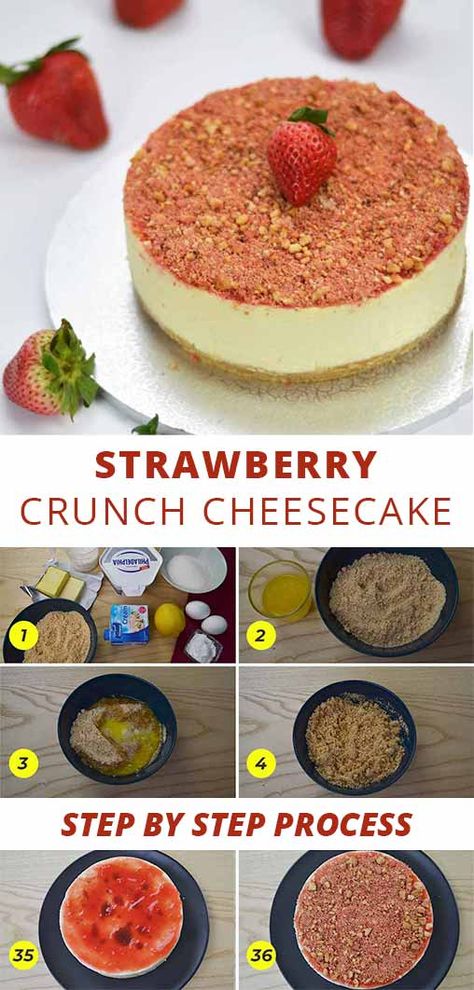 Strawberry Crunch Cheesecake Strawberry Shortcake Cheesecake Cake, Strawberry Crunch Cheesecake Recipe, Strawberry Crunch Cheesecake Bites, Strawberry Crunch Cheesecake Bars, Strawberry Crunch Cake Cheesecake, Strawberry Crumble Cheesecake, Strawberry Crunch Topping Recipe, No Bake Strawberry Crunch Cheesecake, Homemade Strawberry Glaze