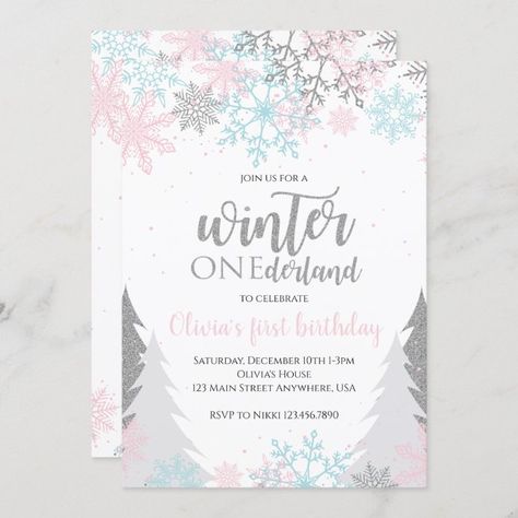 Winter Onederland First Birthday Snowflakes Trees Invitation - tap, personalize, buy right now! #Invitation #winter #onederland, #snowflakes, #silver, #glitter, Snow Birthday Party, Winter Onederland Party Girl, Snowflake Birthday Party, Winter Onederland First Birthday, Winter Onederland Birthday Invitations, First Birthday Pink, Winter Wonderland Invitations, Winter Birthday Invitations, Winter Onederland Invitations