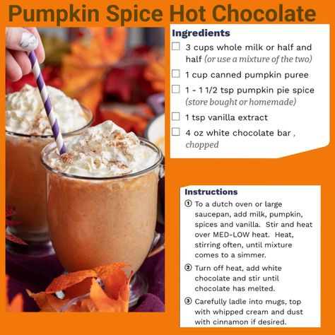 How To Make Pumpkin Spice Hot Chocolate, Pumpkin Spiced Hot Chocolate, Homemade Pumpkin Drinks, Fall Hot Chocolate Recipes, Diy Fall Drinks, Fall Hot Drink Recipes, Pumpkin Spice Hot Chocolate Recipe, Pumpkin Hot Chocolate Recipe, Pumpkin White Hot Chocolate