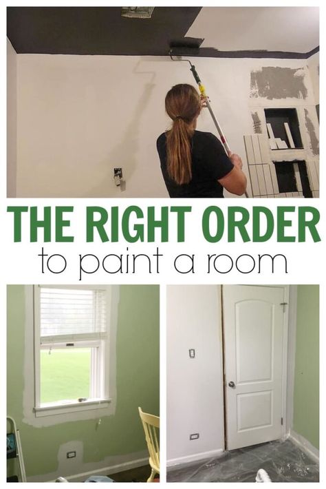 The best way to paint a room that uses less painter's tape and give beautiful results. Great tips for homeowners and DIY painters Order To Paint A Room, Fastest Way To Paint A Room, How To Paint Your Ceiling, Painting A Room For Beginners, How To Paint Walls For Beginners, Paint Roller Hacks, How To Paint A Room, Ways To Paint A Room, Painting Tips Walls