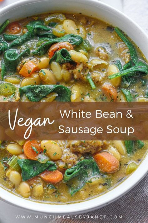 A bowl of this Vegan White Bean and Sausage Soup is perfectly comforting and flavorful. This beans soup has a creamy broth, hearty vegan sausage, and nourishing greens, and it's sure to be a favorite vegan soup recipe.19 ingredients Vegan Sausage Soup Recipes, Vegan Sausage Soup, Lentil Recipes Vegan, White Bean And Sausage Soup, White Bean Sausage Soup, Soup Recipes For Dinner, White Bean And Sausage, Vegan 101, Thai Curry Soup