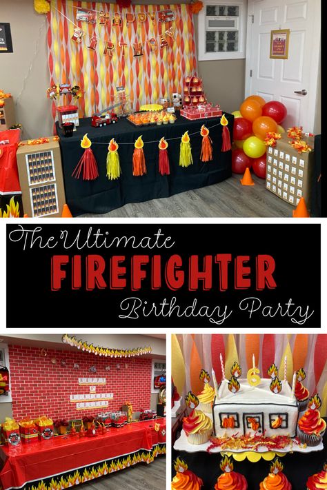 Firefighter Birthday Party Fire Truck Party Food Ideas, Firefighter Bday Party, Fireman Centerpiece Ideas, Fire And Rescue Birthday Party, Diy Firetruck Birthday Party, Firefighter Party Decor, Fire Buds Birthday, Fireman Birthday Party Decorations, Firefighter Birthday Party Backdrop