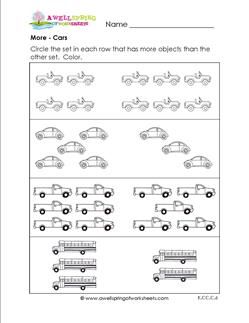 More - Cars - Comparison Worksheets More Less Equal Kindergarten Activities, More Or Less Worksheets, Summer Math Worksheets, Writing Worksheets Kindergarten, Kindergarten Skills, Prek Math, Preschool Math Worksheets, Free Kindergarten Worksheets, Kindergarten Worksheets Printable