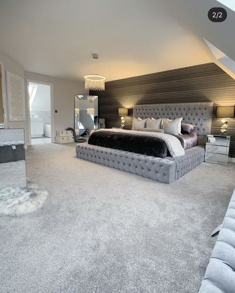 Bedroom Ideas Big Room Modern, Aesthetic Room Ideas Big Room, Grey Crushed Velvet Bedroom, Dream House Decor Bedroom, Medium Size Bedroom Ideas, Big Bedroom Ideas Luxury, Cost Bedroom Ideas, Big Bedroom Ideas Dream Rooms, Big Aesthetic Bedroom