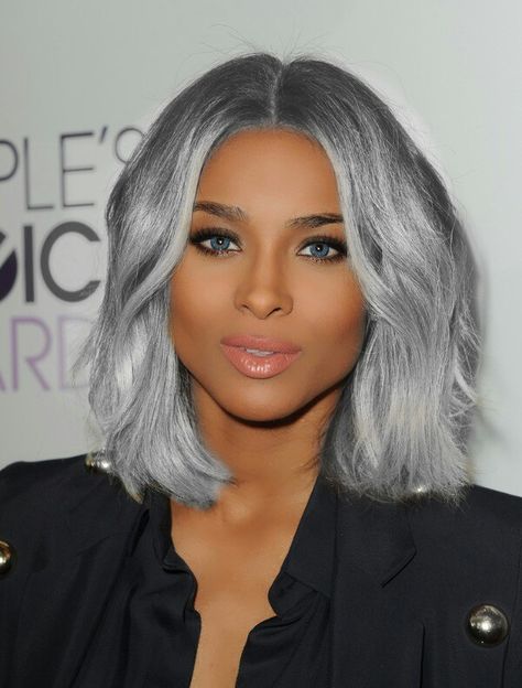 Womens Short Grey Hairstyles, Blue Gray Hair Color On Black Women, Silver Grey Hair Color Black Women, Gray Streaks In Dark Hair Black Women, Gray Highlights On Dark Hair Black Women, Silver Hair Short Bob, Grey Weave Black Women, Grey Hair Inspiration Black Women, Platinum Gray Hair On Black Women