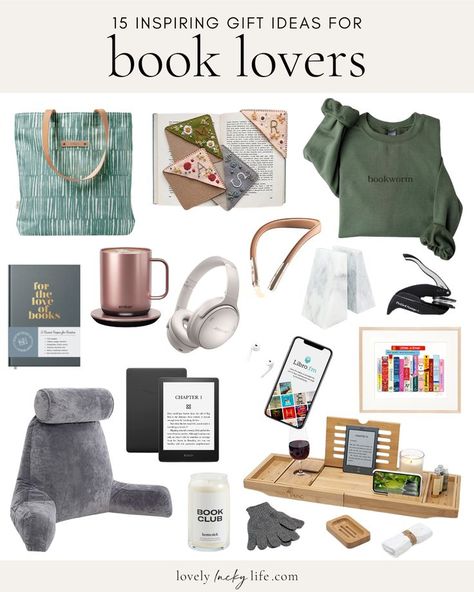 If you’re gifting a book lover, you know how much they love their reading time! Whether it’s a cozy night in with a good book or a long commute with an audiobook, books are a big part of their life. If you’re looking for gifts for book lovers, I’ve got you covered with 15 unique and inspiring ideas. #mothersday #giftguide #giftideas #bookworm #readers #giftsformom #giftsforwomen Unique Friend Christmas Gifts, Presents For Bookworms, Gift For Bookworm, Gift For A Book Lover, Gift For Book Readers, Gift Ideas For Readers Book Lovers, Gift Basket For Readers, Gift Basket For Book Lovers, Reading Gift Basket Ideas