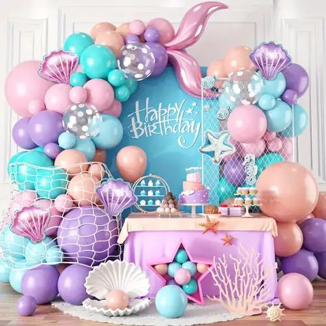 Mermaid Balloon Arch, Ocean Theme Birthday Party, Mermaid Balloon Garland, Mermaid Tail Balloon, Pink Mermaid Tail, Seashell Mermaid, Orange Mermaid, Ocean Theme Birthday, Balloon Wreath