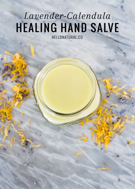 Lavender Calendula Hand Salve Recipe | HelloNatural.co Calendula Salve, Salve Recipes, Hand Salve, Herbal Salves, Infused Oil, Healing Salves, Diy Kosmetik, Homemade Lotion, Herbal Recipes