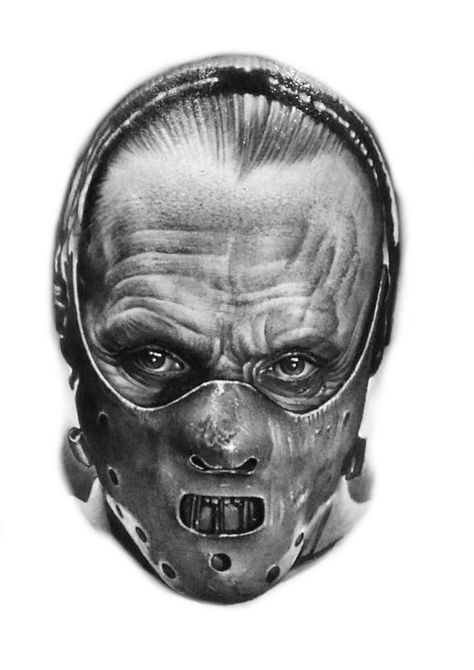 Halloween Realism Tattoo, Hannibal Lecter Tattoo Design, Hanibal Lector Tattoo, Freddy Krueger Art Drawing, Horror Movie Tattoo Designs, Hannibal Tattoo Design, Horror Film Tattoo, Hannibal Lecter Tattoo, Leatherface Drawing