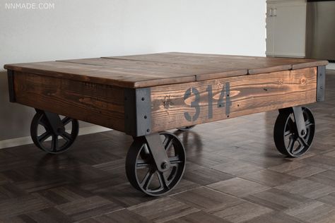 Steampunk Coffee Table, Pallet Coffee Table Diy, Wood Coffe Table, Coffee Table With Casters, Factory Cart, Rustic Farmhouse Furniture, Coffee Table With Wheels, Cart Coffee Table, Table With Wheels