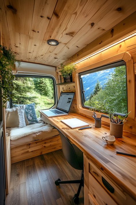 Sprinter Van Office, Sprinter Passenger Van Conversion, Van Life Office, Ford Van Conversion Interiors, Campervan Office, Van Conversion Office, Van Home Ideas, Sprinter Van Interior Ideas, Van Design Ideas