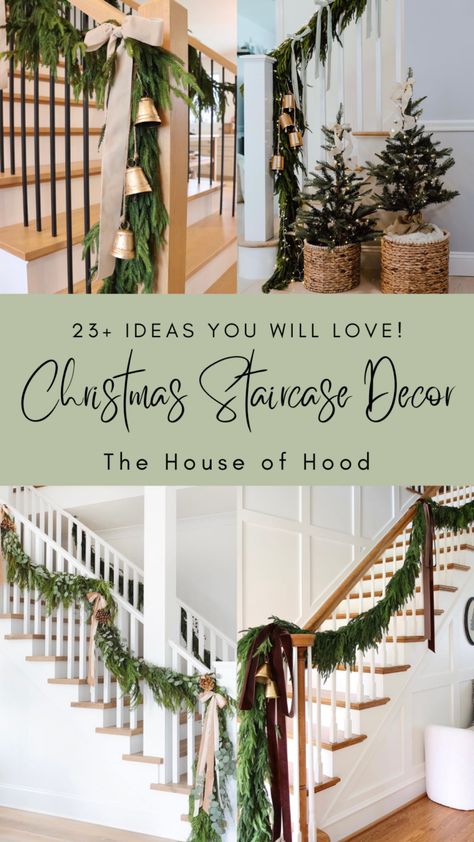 Christmas Stair Case Ideas, Short Staircase Christmas Decor, Garland At Base Of Stairs, Small Banister Christmas Decor, Decorate Railing For Christmas, Farmhouse Christmas Staircase Decor, Holiday Banister Ideas, How To Decorate Staircase For Christmas, Stairway Christmas Decor Staircases