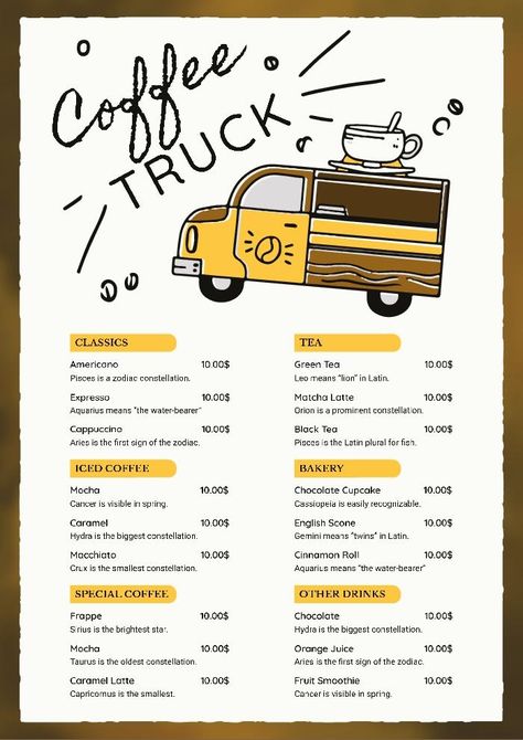 Hand-drawn Coffee Truck Menu Coffee Van Menu Ideas, Mobile Coffee Menu Ideas, Coffee Truck Business Plan, Coffee Food Truck Design, Coffee Truck Menu Ideas, Food Truck Menu Design, Food Truck Menu Board Ideas, Food Truck Menu Ideas Simple, Coffee Truck Ideas