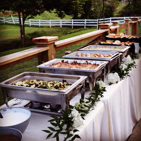 Food Table Wedding Buffet, Buffet Dinner Wedding, Outdoor Wedding Buffet Table Setup, Asian Food Wedding Buffet, Wedding Buffet Style, Buffet Table Decor Wedding, Buffet Style Wedding Reception Food Stations, Wedding Buffet Set Up, Mexican Buffet Wedding