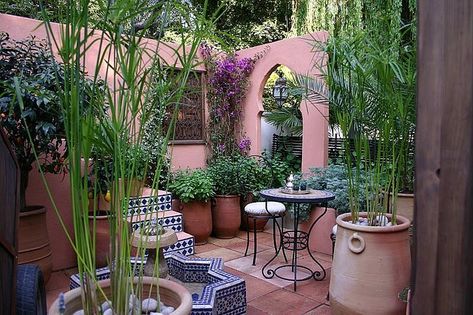 Moroccan Courtyard, Moroccan Garden, Mexican Garden, Curtains Door, Wall Trellis, Small Courtyard, Plant Containers, Courtyard Gardens, Farmhouse Patio