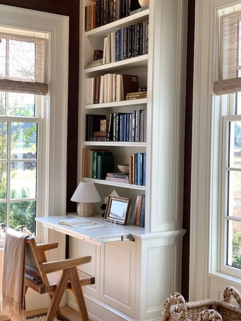 My Tour of the 2021 Southern Living Idea House - Perfecting Places Small Room Built In Bookcase, Couch Between Bookcases, Built In Library Wall With Desk, Home Office Book Shelf Ideas, Corner Library, White Built Ins, Built In Shelves Living Room, Living Room Built Ins, Shelves Living Room