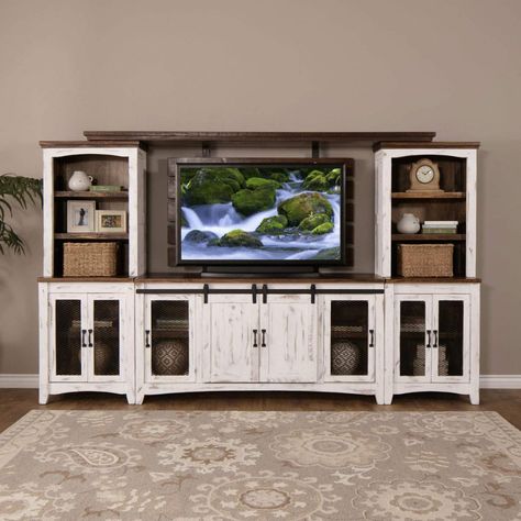 Potter Rustic White Entertainment Center | Jerome's Furniture #livingroomlayout White Entertainment Center, Tv Consoles, Furnitur Ruang Keluarga, Diy Entertainment, Living Room Entertainment Center, Play Kitchens, Home Entertainment Centers, Diy Tv Stand, Entertainment Units