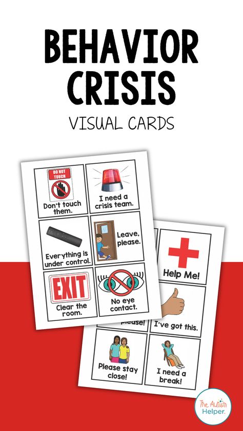 During a crisis situation, using visuals can help reduce overwhelm and de-escalate the behavior. This set of visuals can be used between staff members and with students during a meltdown or crisis. Visuals include coping strategies, staff directions, and other common prompts.