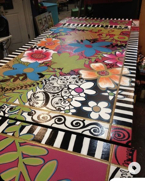 Painted Table Top Designs, Table Top Designs, Painted Table Top, Painted Picnic Tables, Painted Table Tops, Whimsical Painted Furniture, Hand Painted Table, Whimsical Furniture, Painted Floor