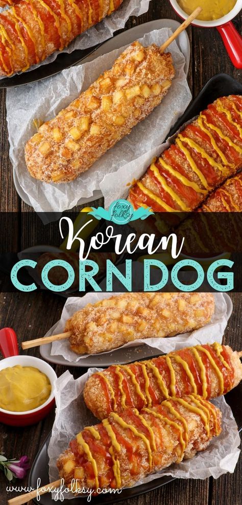 Korean Corn Dog Chinese Corn Dog, Loren Corn Dog, Korean Rice Dog, Korean Corn Dog Recipe Hot Cheetos, Japanese Corn Dog, How To Make Korean Corn Dogs, Korean Corndog Recipe, Korean Street Corn, Korean Cheese Corn Dog